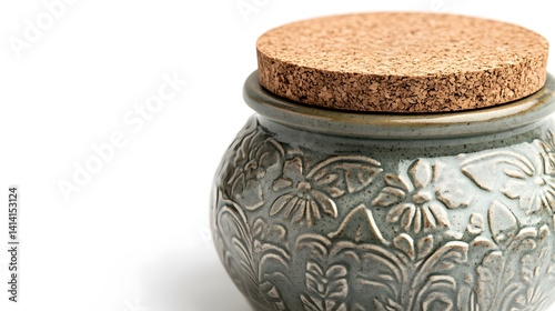 Close-up of handcrafted ceramic jar with detailed embossed patterns and natural cork lid, captured in minimalist studio setting on white background for home decor or pottery design themes.