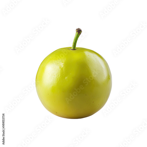 A bright green, round fruit with a stem, perfect for displaying a single piece.