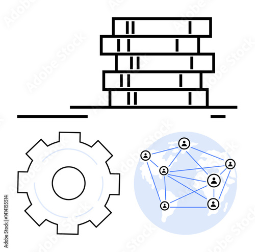 Stack of databases, gear for system processes, and social connections on a globe highlighting interconnected networks. Ideal for data management, technology, automation, global solutions, efficiency