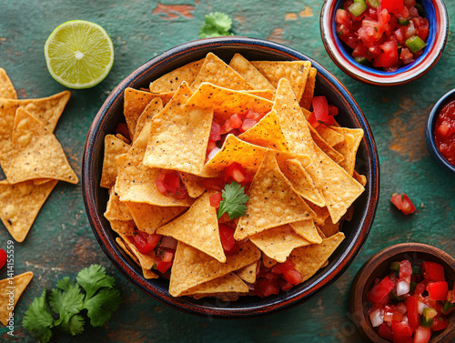 Crispy nachos with fresh salsa and lime on rustic background photo