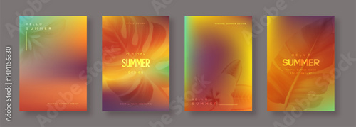 Set of vector summer gradient backgrounds with tropical leaves. Sunset and sunrise bright summer colors. Green, orange, purple, yellow. Covers, branding, poster, banner design.