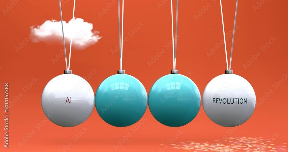 Ai leads to revolution. Cause and effect relation between ai and revolution. A Newton cradle metaphor in which ai ignites revolution, sets it in motion.Can be looped.