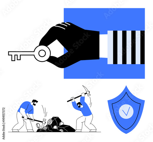 Black-gloved hand holding a key, two workers mining underground resources, blue shield with checkmark indicating protection. Ideal for themes of security, access, data mining, labor, safety
