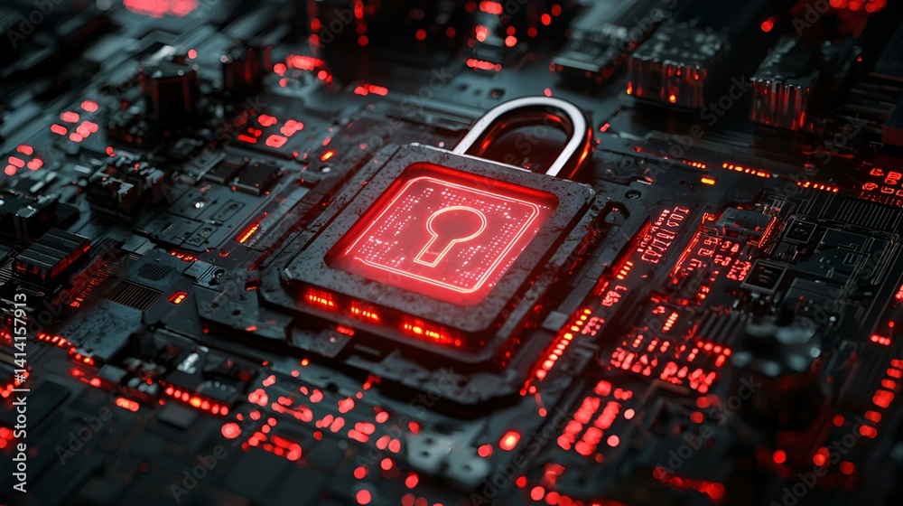 Fototapeta premium Cyber security lock on circuit board.