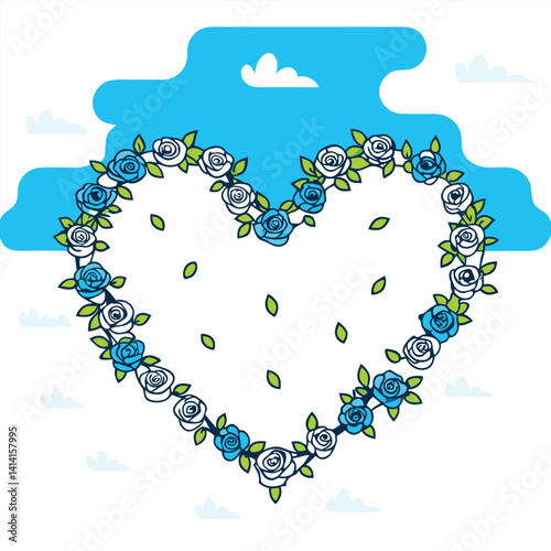 Romantic Floral Heart Silhouette with Blooming Roses Vector