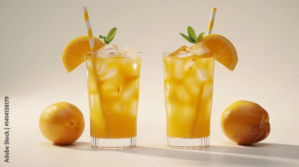 Fototapeta premium Refreshing summer mango fizz cocktail and mint iced tea served in elegant glasses