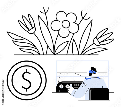 Airplane pilot operating cockpit dashboard, stylized floral graphic with blooming flowers and simple dollar currency icon. Ideal for aviation, floral design, economy, minimalism, technology, creative