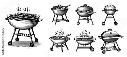 Charcoal Grills set with Food in Black and White Woodcut Style,vintage illustration