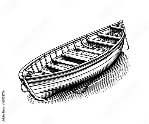 Wooden Rowboat in Three-Quarter View in Black and White Woodblock Style,vintage illustration