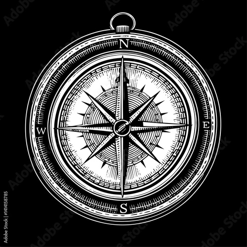 Vintage Compass on black background in Engraved Style in Black and White