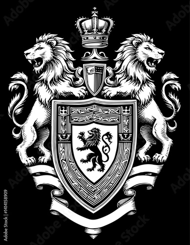 Heraldic lion coat of arms on black background, black and white vintage illustration