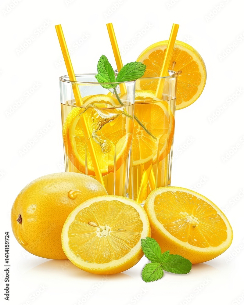 Refreshing summer mango fizz and mint iced tea served in two glasses on a pure white background Refreshing summer mango fizz and mint iced tea served in two glasses on a pure white background