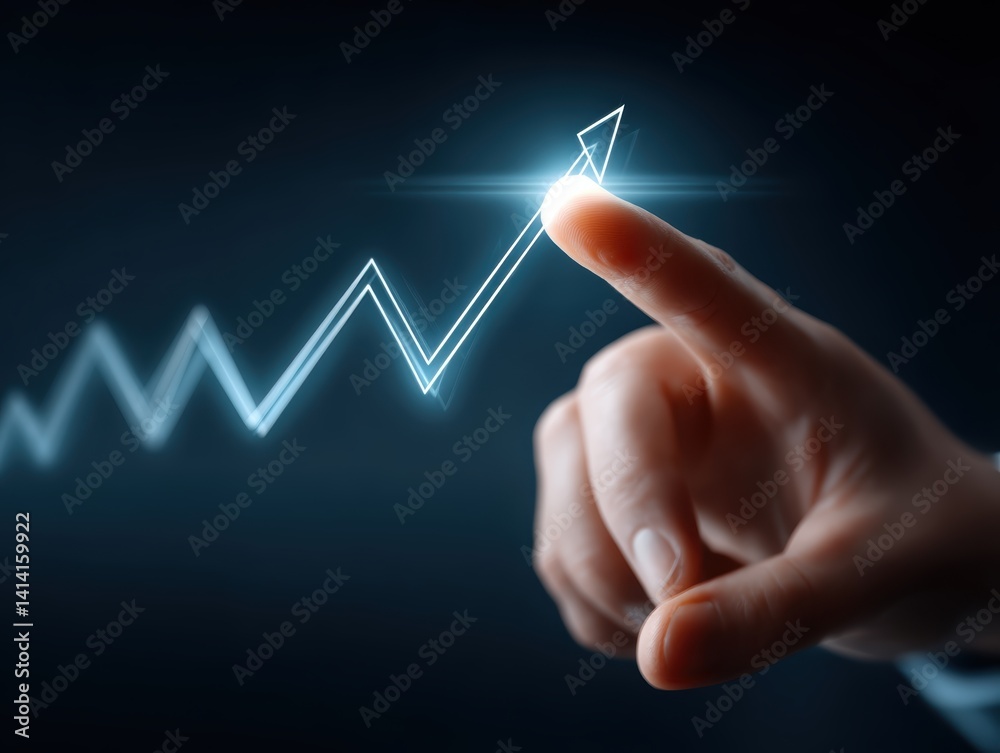 Business graph displayed on a hi-tech touchscreen, manipulated by a hand - modern screen economy device Business graph displayed on a hi-tech touchscreen, manipulated by a hand - modern screen economy device
