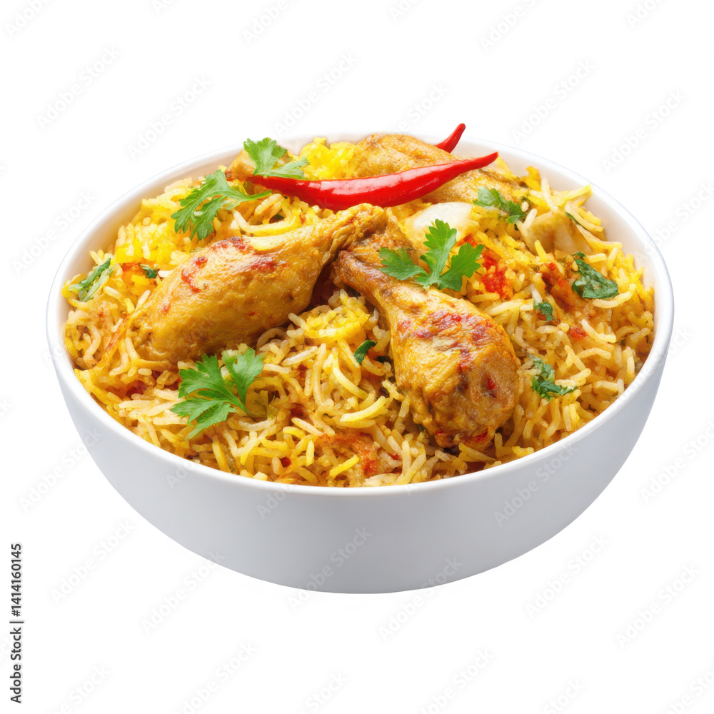 Close up of chicken biryani with cilantro and red pepper in a white bowl Close up of chicken biryani with cilantro and red pepper in a white bowl