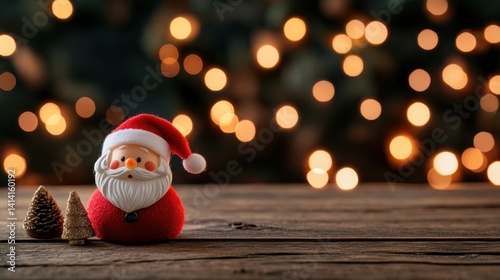 Miniature Santa toy resting on a wooden surface with blurred Christmas lights in the background, warm holiday scene