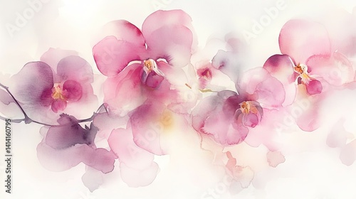 Fototapeta Naklejka Na Ścianę i Meble -  41.A delicate watercolor bouquet featuring transparent orchid flowers in pastel pink tones, painted with soft and flowing brushstrokes for a vibrant and modern classical composition.