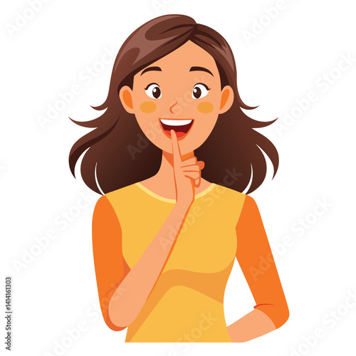 happy woman tells secret by putting palm to mouth