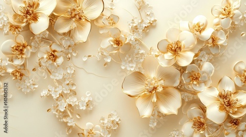 51.A seamless vintage floral pattern featuring golden camelia and orchid flowers arranged in an intricate and luxurious design, perfect for wall decor or wedding invitations, set against a soft cream