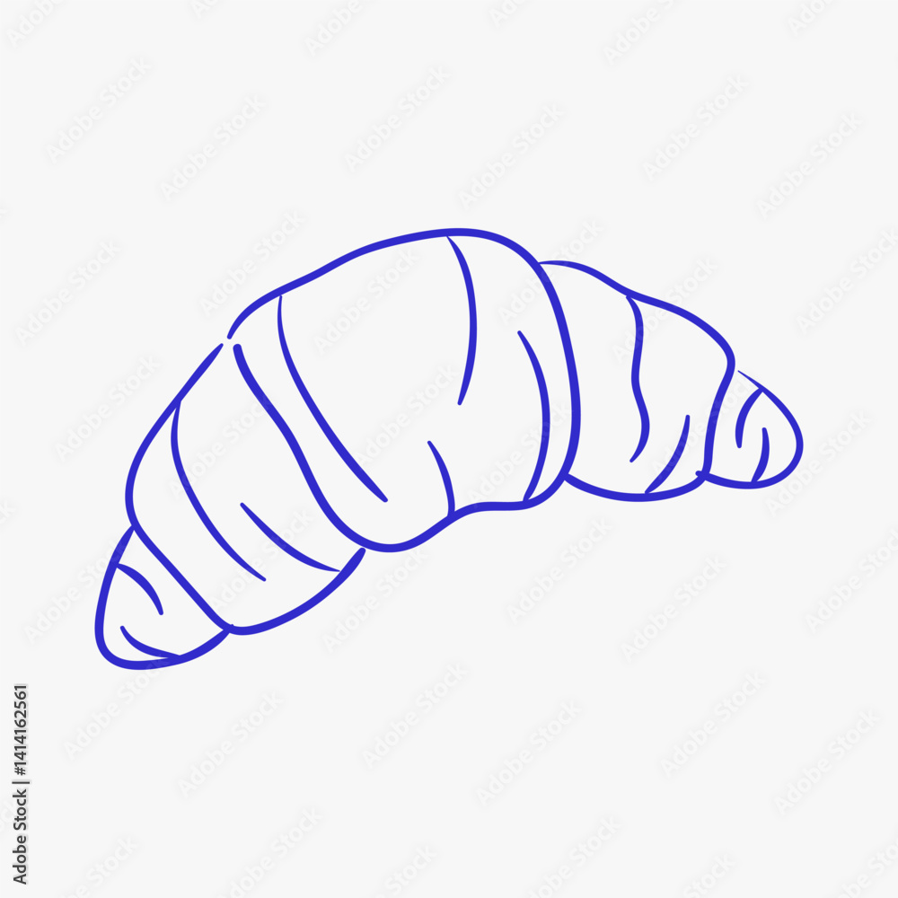 Croissant in blue color in doodle style hand drawing on a white background. Croissant in blue color in doodle style hand drawing on a white background.