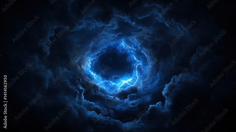 Mysterious night sky with lightning streaks illuminating the swirling clouds, dramatic atmosphere.