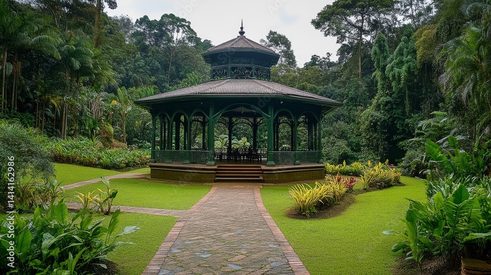 Fototapeta premium 72.A captivating view inside the Orchid House at Peradeniya Gardens, featuring exotic orchid varieties displayed in a well-lit, tropical environment with dense green foliage.