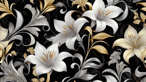 76.An elegant cover design featuring a seamless floral pattern of lilies in intricate gold and silver motifs. The lilies are delicately arranged on a black background, creating a sophisticated and