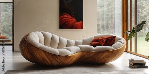Modern Interior with Unique Wooden Sofa and Artistic Decor for Relaxing and Stylish Home Design