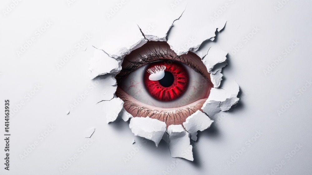 Peeking eye through a round hole in a white background, creating an intriguing and thought-provoking composition
