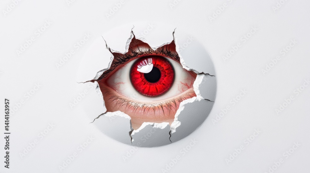 Peeking eye through a round hole in a white background, creating an intriguing and thought-provoking composition