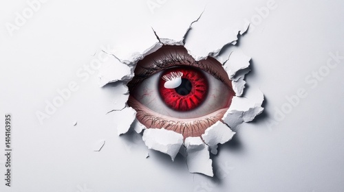 Obraz na płótnie Peeking eye through a round hole in a white background, creating an intriguing and thought-provoking composition w salonie