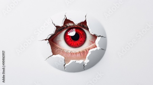 Obraz na płótnie Peeking eye through a round hole in a white background, creating an intriguing and thought-provoking composition w salonie