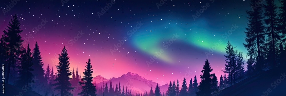 Naklejka premium Starry sky, winter forest landscape, northern lights