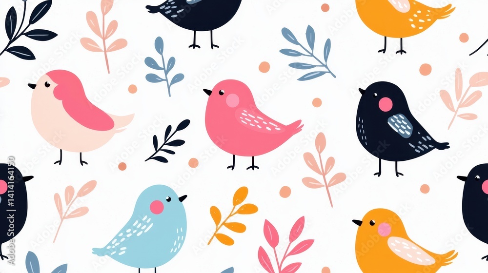 Playful cartoon birds in bright colors forming a seamless child-friendly pattern, whimsical and fun wallpaper