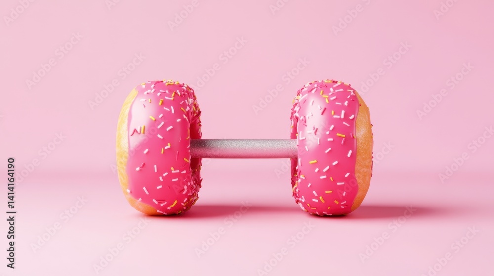 Playful concept of fitness--dumbbell made from two glazed donuts on a pink background.