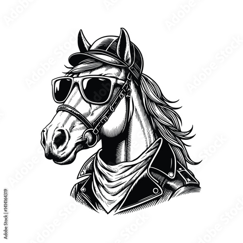 stylized horse wearing sunglasses. black and white horse hand drawn style