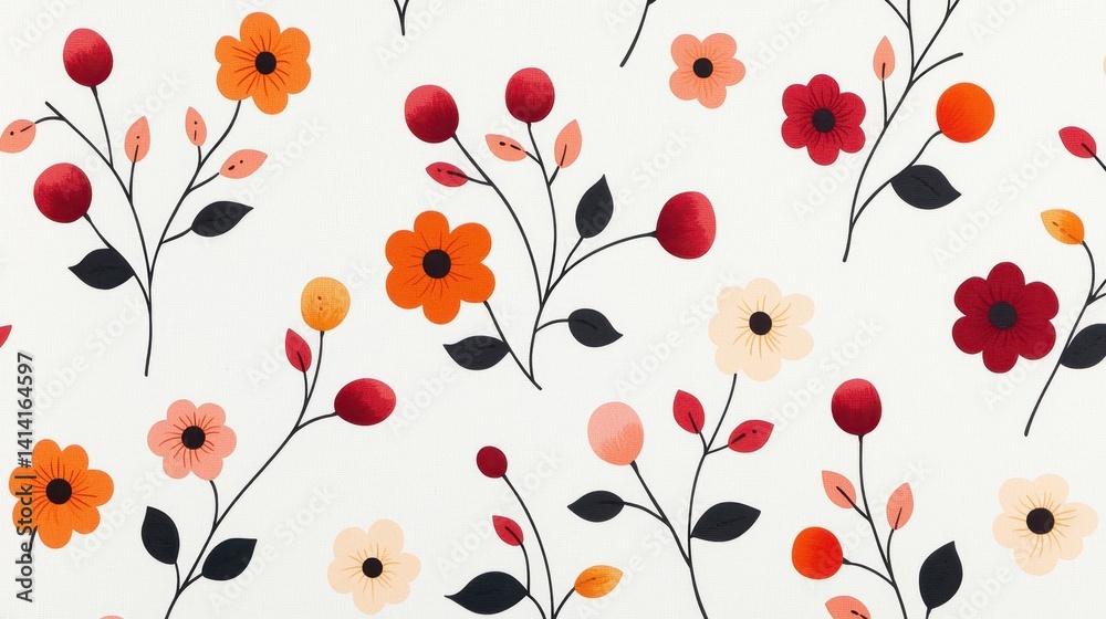 Pretty floral pattern with small orange, red, and pink flowers on a white background, perfect for printing, wallpaper, or fabric design.