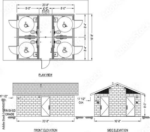 silhouette design vector illustration sketch drawing architecture of classic vintage ethnic traditional public bathroom exposed brick with area for disabled