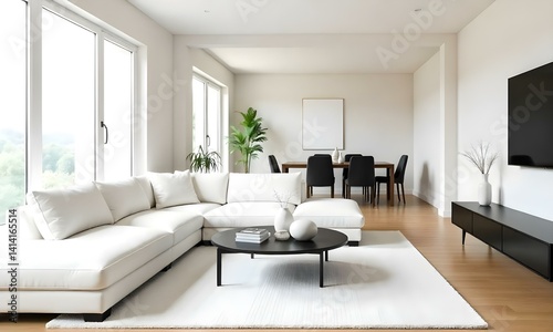 Living room with a white sofa  a black coffee table  and a white rug  a dining table with black chairs in the background