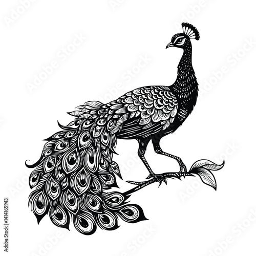 illustration of peacock black and white style. hand drawn peacock vector isolated white background