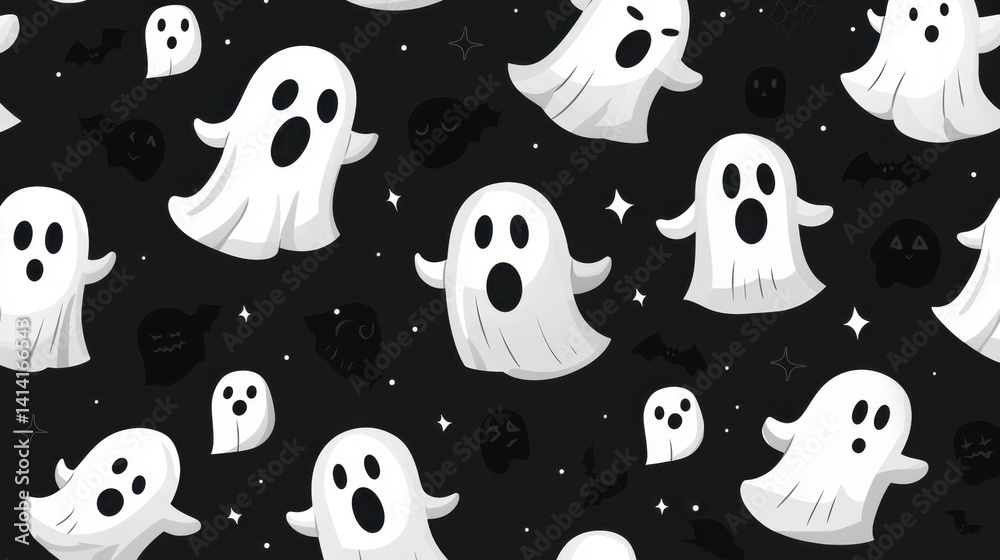 Seamless pattern of cartoon ghosts in playful expressions, designed in a modern black and white Halloween theme for spooky decor.