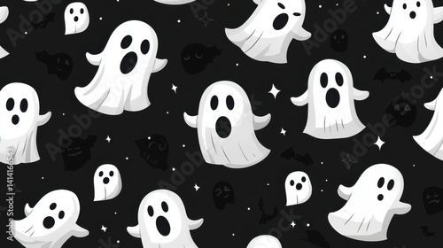 Obraz na płótnie Seamless pattern of cartoon ghosts in playful expressions, designed in a modern black and white Halloween theme for spooky decor. w salonie