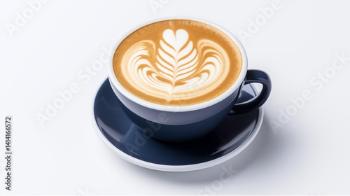 Hot Latte art coffee in dark blue ceramic cup isolated on white background.