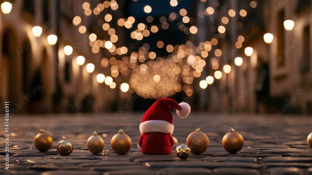 Small Santa figurine with a red hat sitting among Christmas ornaments, soft golden lights creating a magical holiday atmosphere
