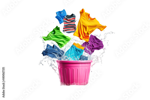 Colorful clothes splashing into pink laundry basket