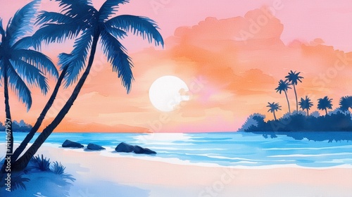 Sunset beach watercolor painting with pink and orange skies, gentle ocean waves, and tropical vibes