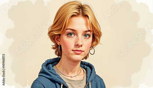 Thoughtful young girl with short hair in hoodie portrait expression