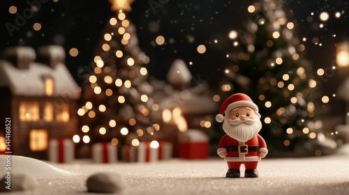 Toy Santa Claus standing in the foreground, with a beautifully decorated Christmas tree sparkling in the background, festive spirit