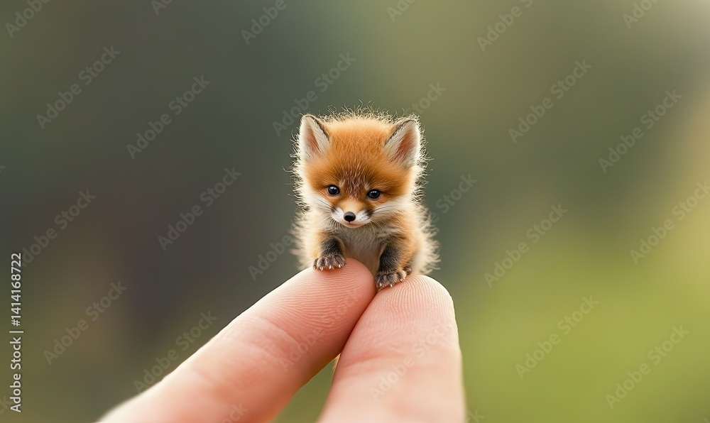 Obraz premium The tiniest, cute baby fox perched on the tip of someone's finger