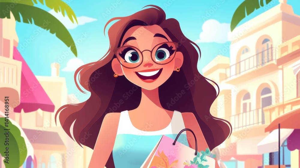 Trendy female character with flowing hair, wearing a floral dress, excitedly shopping in a lively summer marketplace, vector.