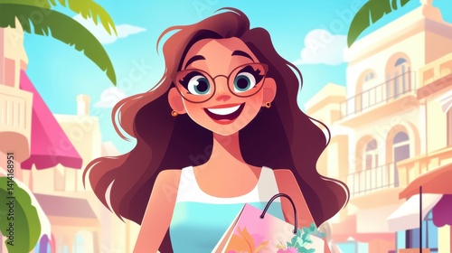 Obraz na płótnie Trendy female character with flowing hair, wearing a floral dress, excitedly shopping in a lively summer marketplace, vector. w salonie